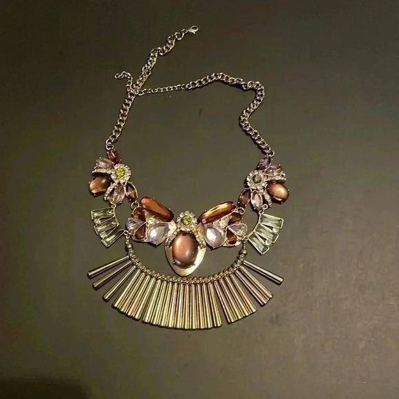 Statement exaggerated gold finish glass  metal multicolor necklace - Picture 1 of 1